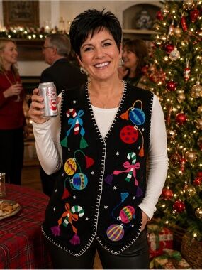 Ugly Black Christmas Sweater Vest by OHI Tree Ornaments and Tassels Women’s Sz M